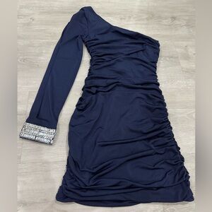 WINDSOR - Cocktail Mini Dress Navy Blue Single Sleeve Jeweled Cuff - S
